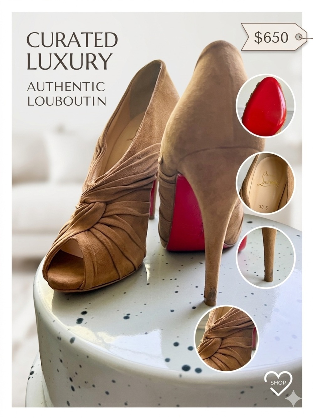 Christian Louboutin Tan Suede Knotted Peep-Toe Pumps with Red Sole